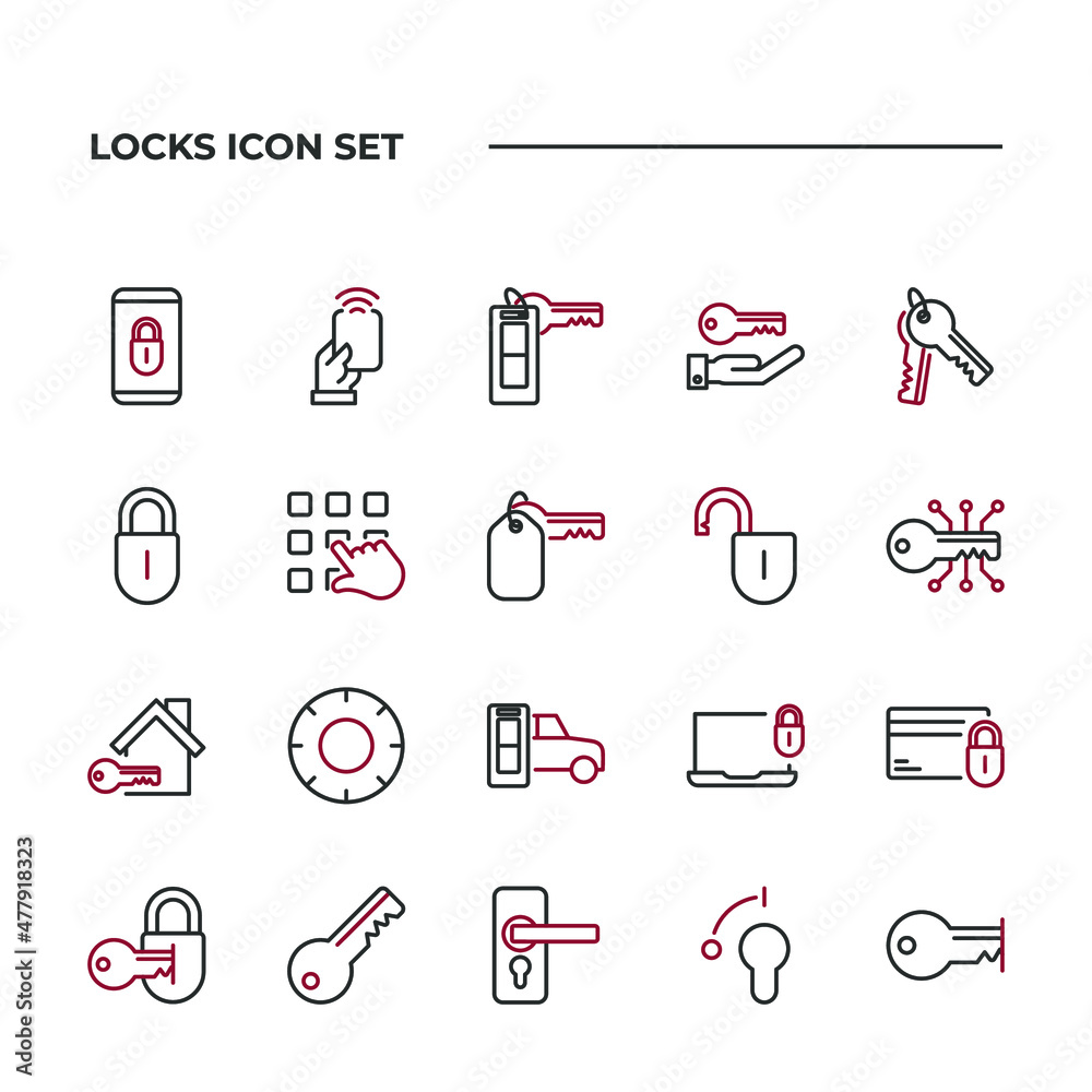simple set of Locks vector icons with editable line styles covering car keys, hotel keys, padlocks and other. isolated on white background. simple set of Locks vector icons with editable line styles covering car keys, hotel keys, padlocks and other. isolated on white background.