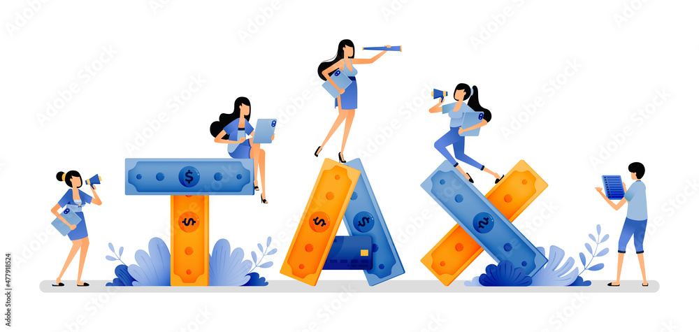 Naklejka premium vector illustration of piles of money that make up the word TAX. people work for money and pay taxes from money they collect to government. Can use for web website apps poster banner flyer homepage