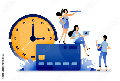 vector illustration of people are trying to pay off loan from credit card debt. Short term consumer debt with low interest  more difficult to pay off. Can use for web website apps poster banner flyer