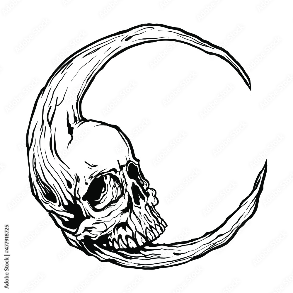 Vecteur Stock Moon Skull Hand drawn. Skull line art. Gothic design for