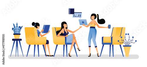 vector illustration of women at meetings and casual presentations in fancy cafes discussing company performance issues. brainstorming is better when you relax. Designed for website, web, apps, poster