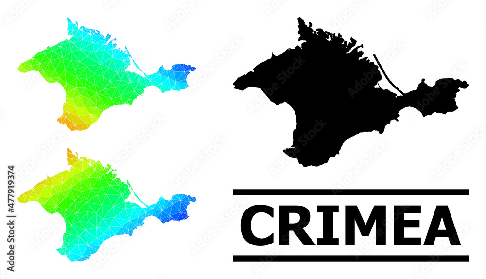 Vector lowpoly spectrum colored map of Crimea with diagonal gradient. Triangulated map of Crimea polygonal illustration.