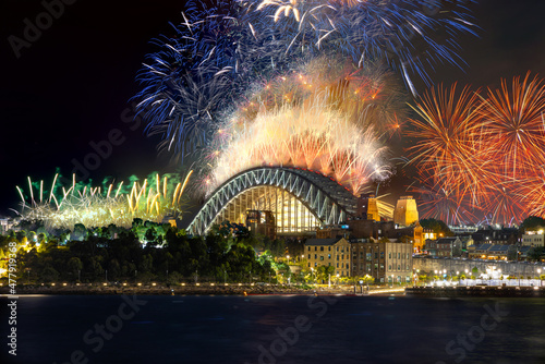 Sydney Harbour Bridge New Years Eve fireworks, colourful NYE fire works lighting the night skies with vivid multi colours