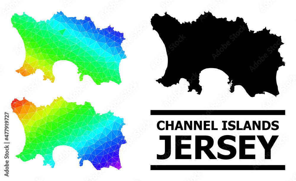 Vector lowpoly spectral colored map of Jersey Island with diagonal gradient. Triangulated map of Jersey Island polygonal illustration.