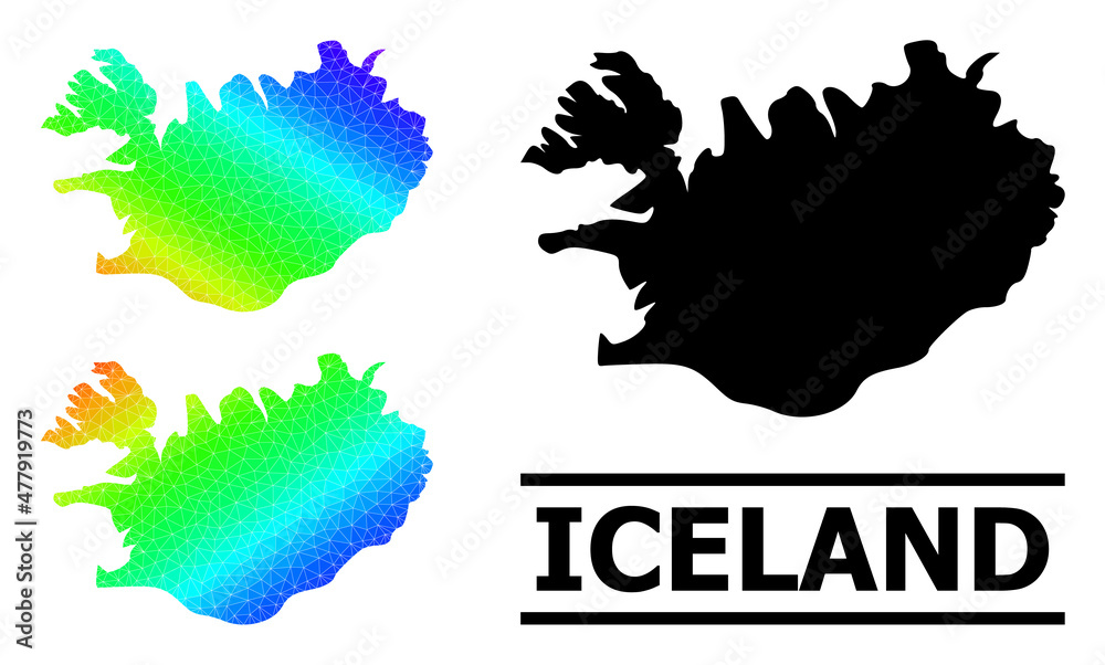 Vector lowpoly spectrum colored map of Iceland with diagonal gradient. Triangulated map of Iceland polygonal illustration.