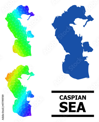 Vector lowpoly spectral colored map of Caspian Sea with diagonal gradient. Triangulated map of Caspian Sea polygonal illustration.