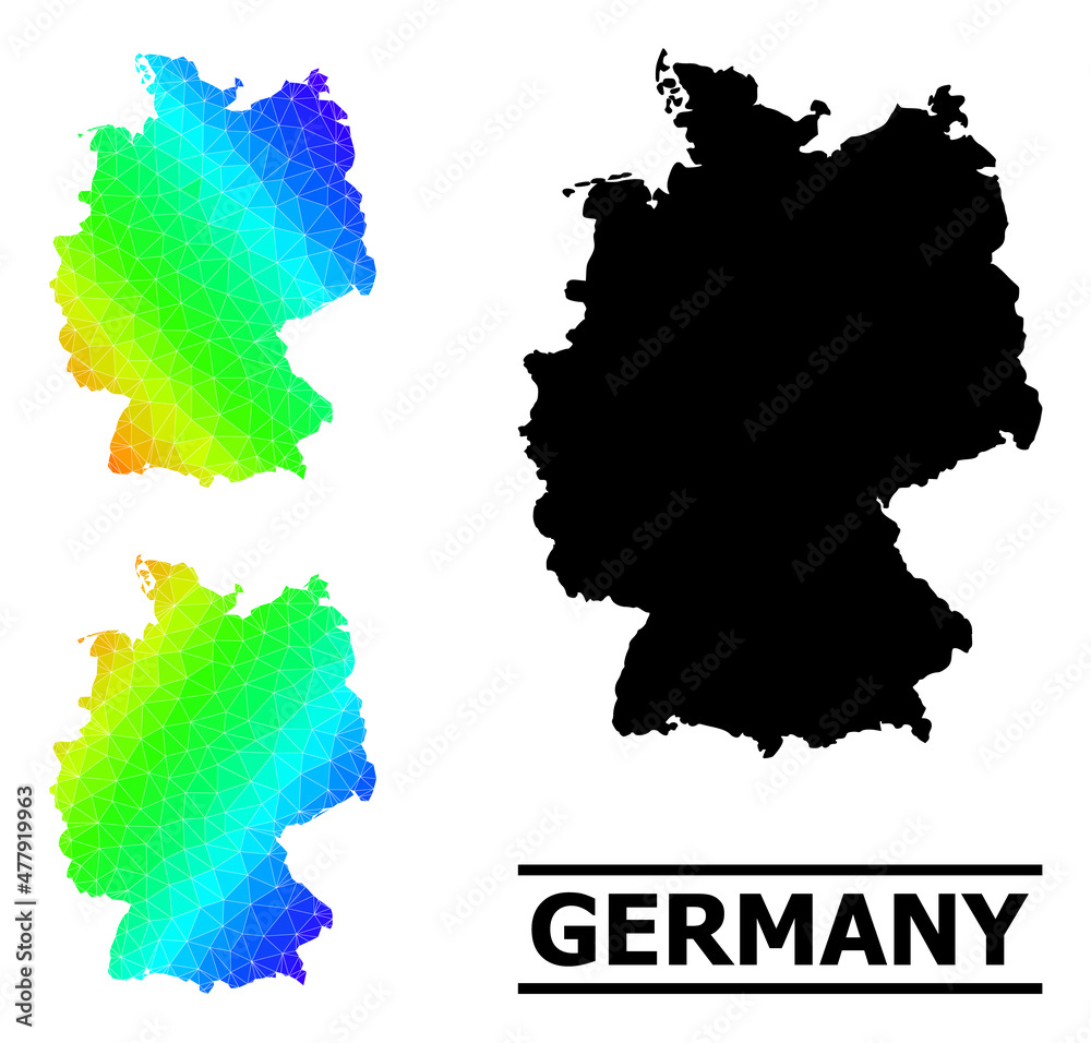 Vector lowpoly rainbow colored map of Germany with diagonal gradient. Triangulated map of Germany polygonal illustration.