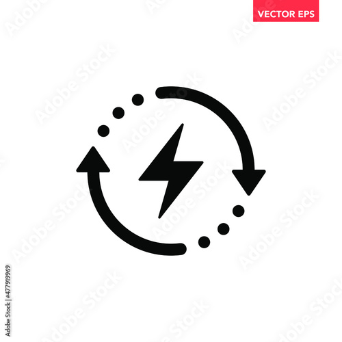 Black round recharging icon, simple energy flat design vector pictogram, infographic for app logo web website button ui ux interface elements isolated on white background
