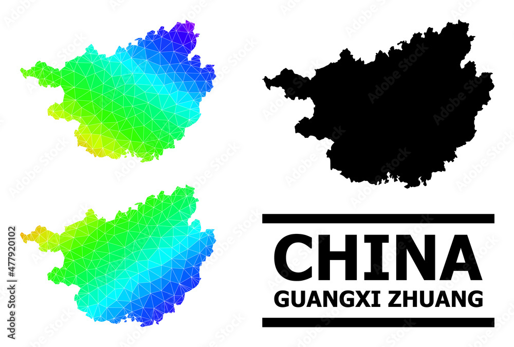 Vector low-poly rainbow colored map of Guangxi Zhuang Region with diagonal gradient. Triangulated map of Guangxi Zhuang Region polygonal illustration.