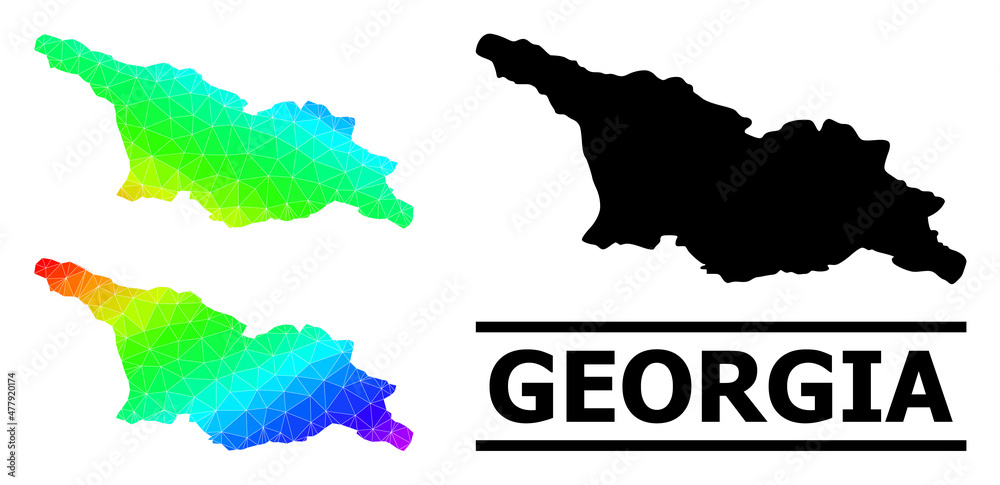 Vector lowpoly rainbow colored map of Georgia with diagonal gradient. Triangulated map of Georgia polygonal illustration.