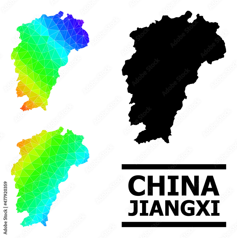 Vector lowpoly rainbow colored Map of Jiangxi Province with diagonal gradient. Triangulated Map of Jiangxi Province polygonal illustration.
