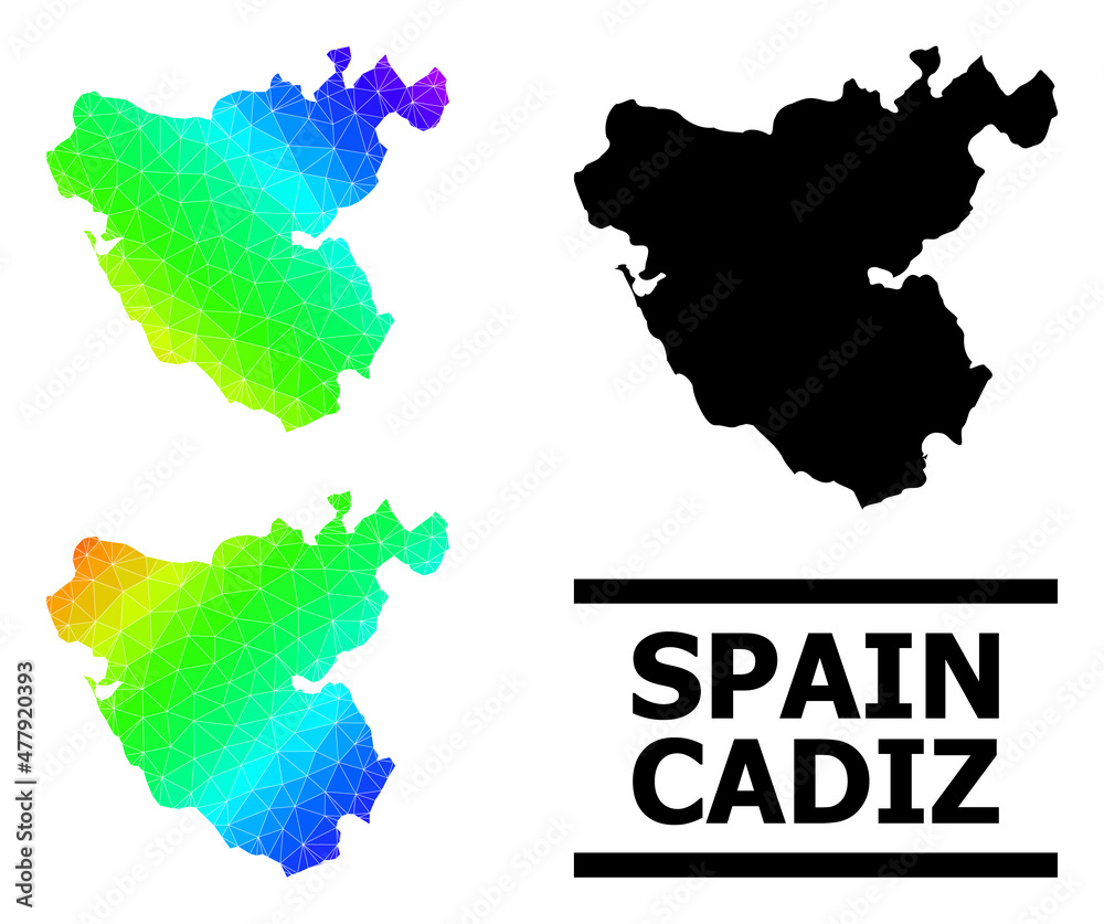 Vector low-poly spectral colored map of Cadiz Province with diagonal gradient. Triangulated map of Cadiz Province polygonal illustration.