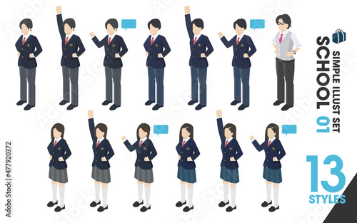 イラストセット「SCHOOL 01」13点　学生服 制服 ブレザー スカート 男女 / manga illustration vector school boy girl uniform