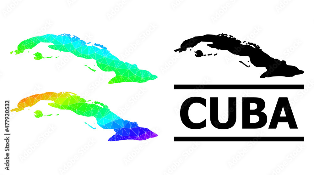 Vector lowpoly rainbow colored map of Cuba with diagonal gradient. Triangulated map of Cuba polygonal illustration.
