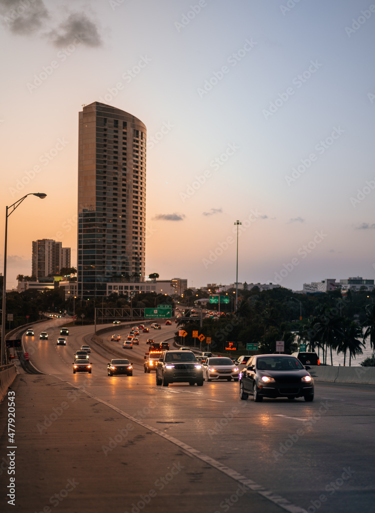 traffic in the city sunset Miami Florida cars lights sky building urban life 