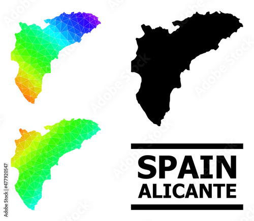 Vector low-poly spectral colored map of Alicante Province with diagonal gradient. Triangulated map of Alicante Province polygonal illustration.