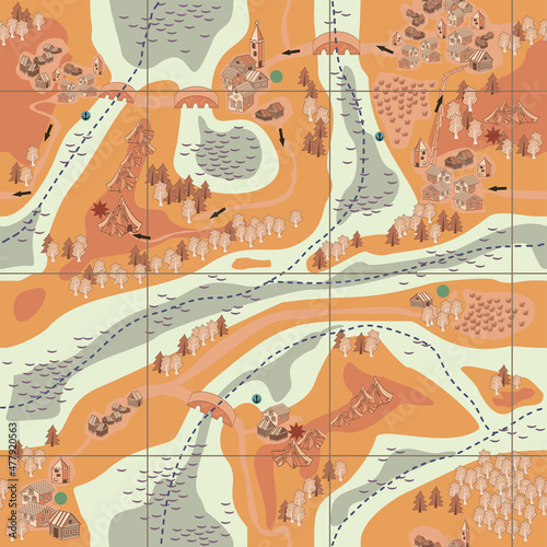 A sample of a seamless pattern that simulates a map from an adventure story.