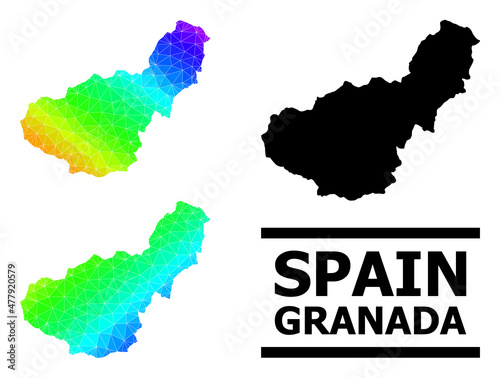 Vector low-poly spectral colored map of Granada Province with diagonal gradient. Triangulated map of Granada Province polygonal illustration.