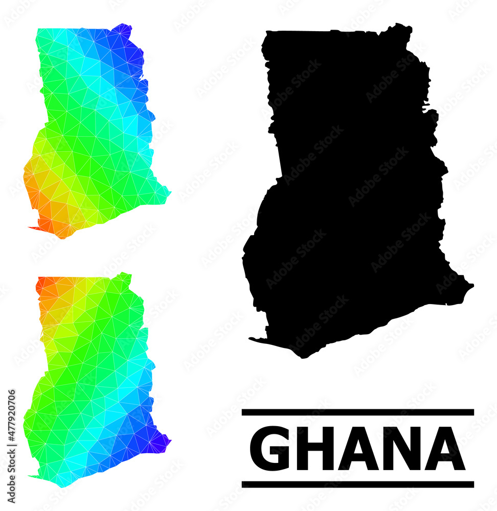 Vector low-poly rainbow colored map of Ghana with diagonal gradient. Triangulated map of Ghana polygonal illustration.