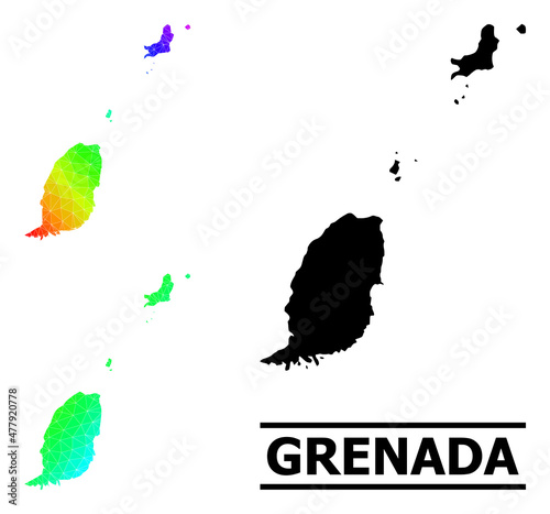 Vector lowpoly spectral colored map of Grenada Islands with diagonal gradient. Triangulated map of Grenada Islands polygonal illustration.