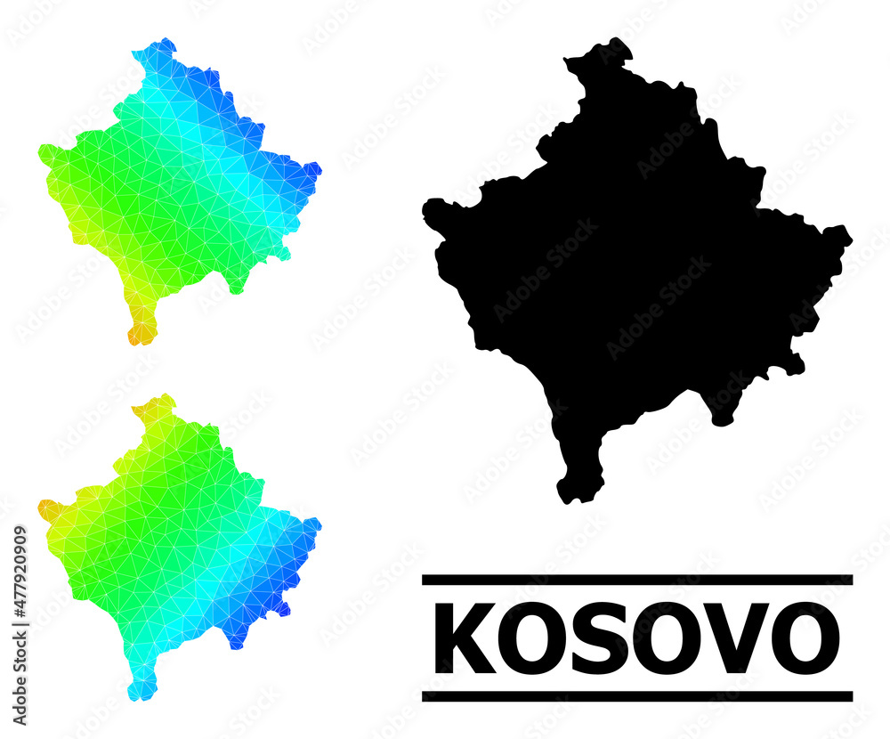 Vector lowpoly rainbow colored map of Kosovo with diagonal gradient. Triangulated map of Kosovo polygonal illustration.
