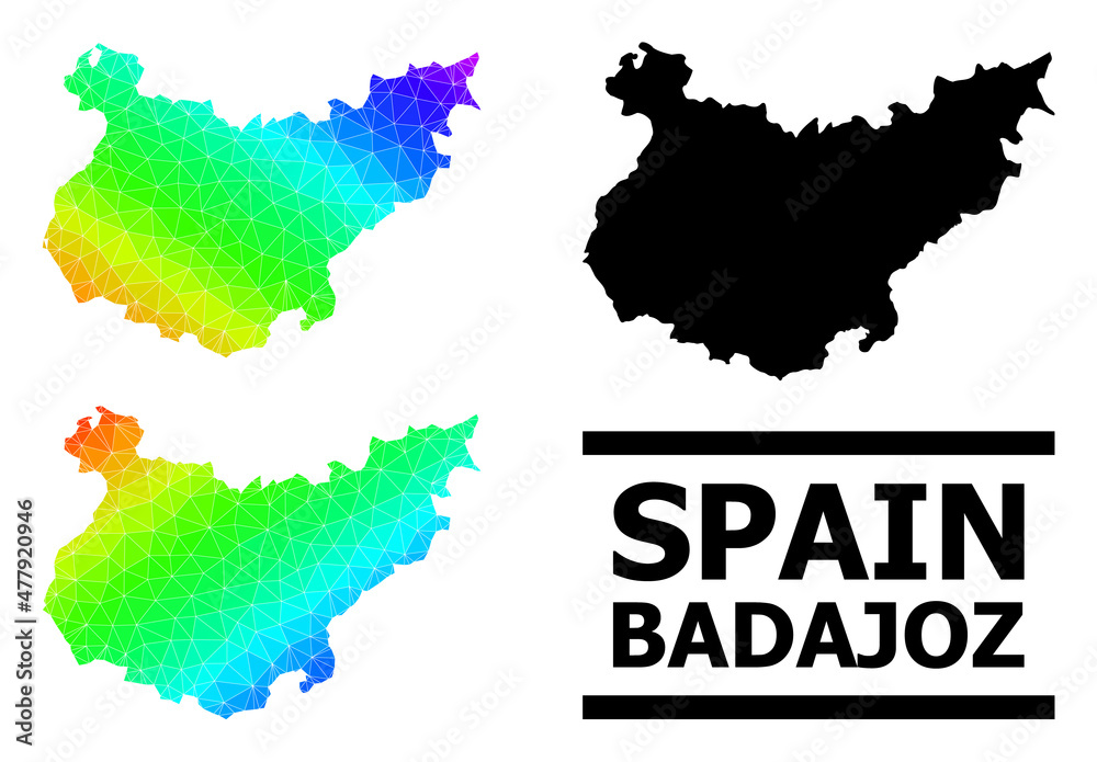Vector lowpoly spectrum colored map of Badajoz Province with diagonal gradient. Triangulated map of Badajoz Province polygonal illustration.
