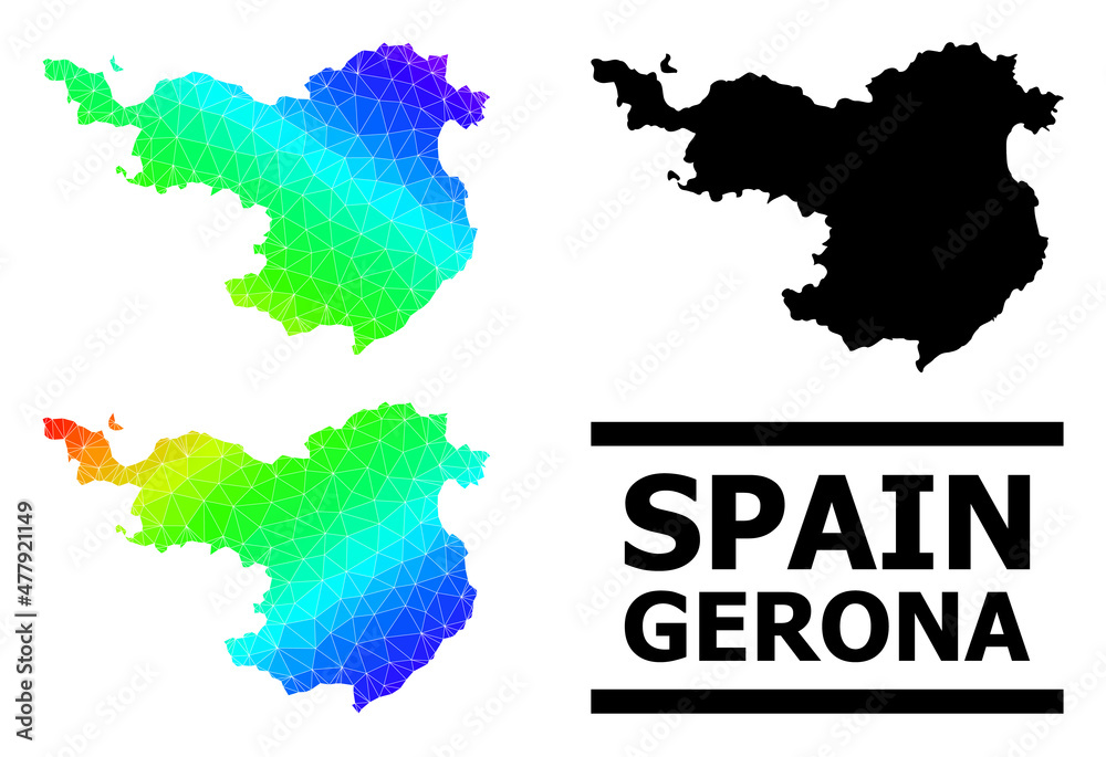 Vector lowpoly rainbow colored map of Gerona Province with diagonal gradient. Triangulated map of Gerona Province polygonal illustration.