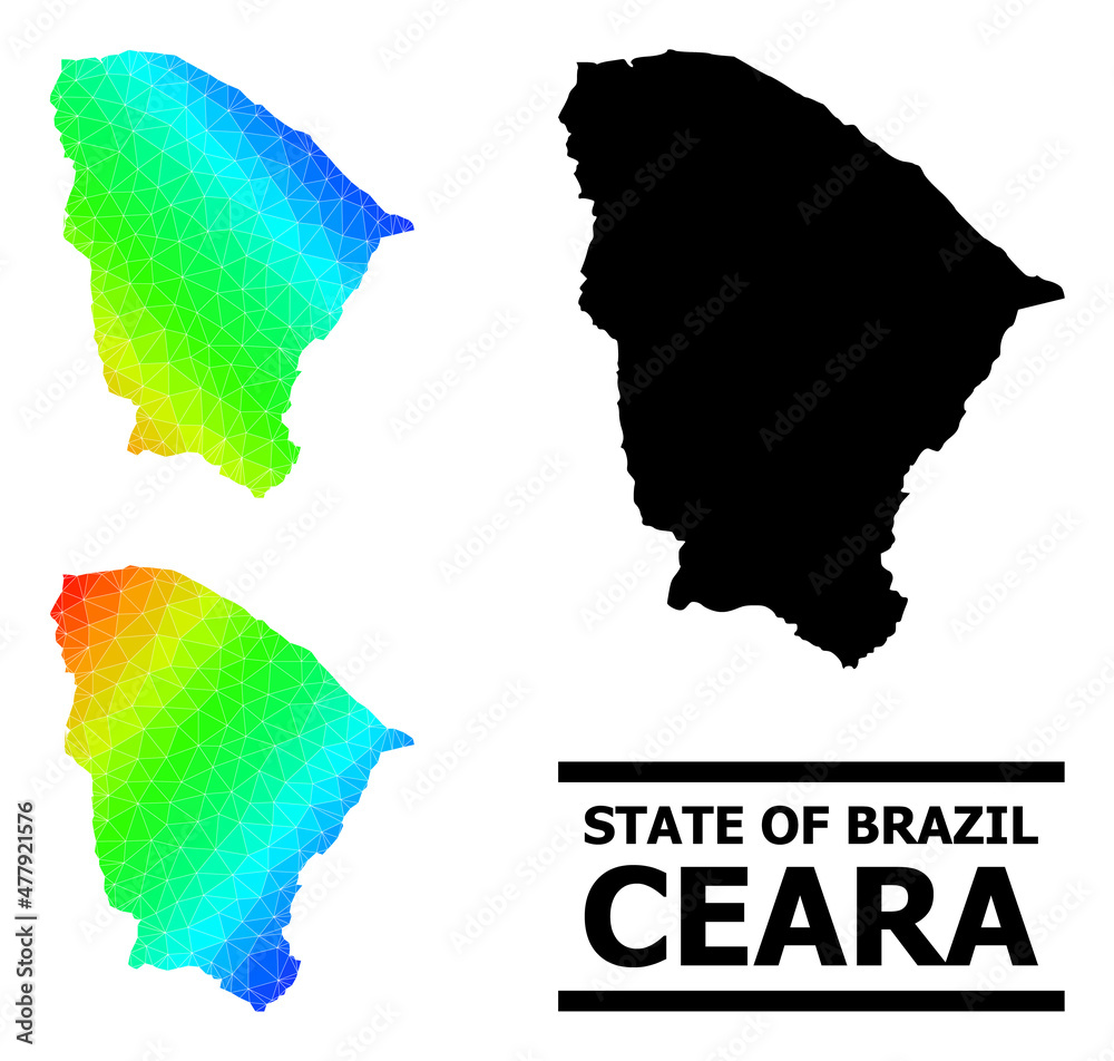 Vector lowpoly spectrum colored map of Ceara state with diagonal gradient. Triangulated map of Ceara state polygonal illustration.