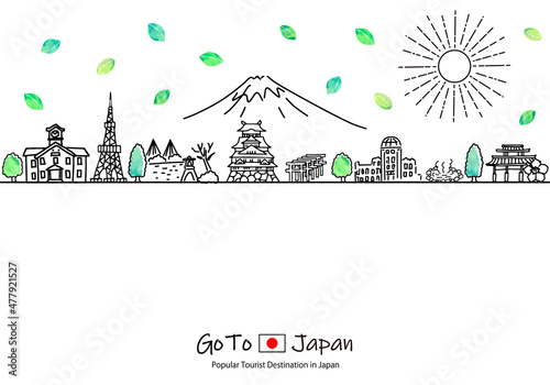 日本の観光地の街並みと太陽のシンプル線画