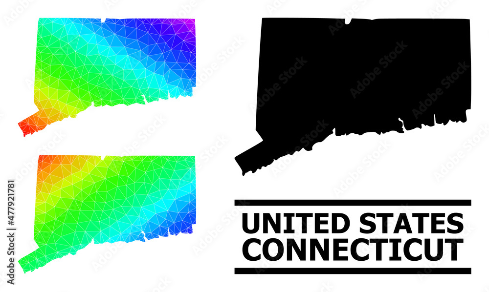 Vector low-poly rainbow colored map of Connecticut State with diagonal gradient. Triangulated map of Connecticut State polygonal illustration.