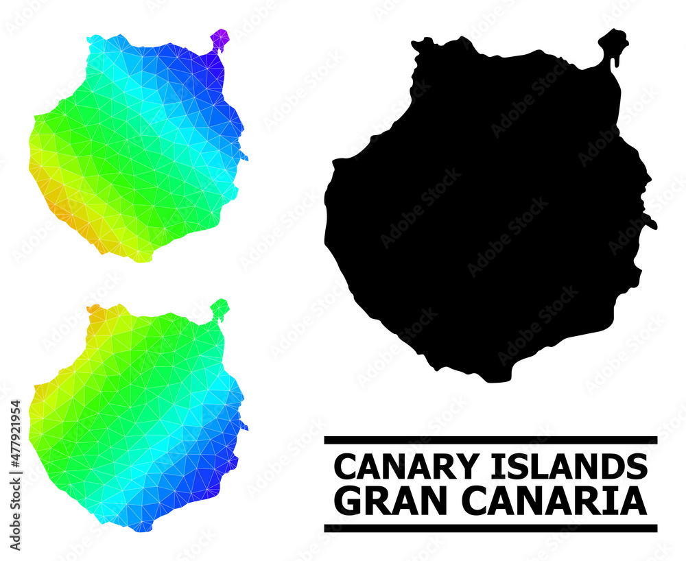 Vector low-poly spectrum colored map of Gran Canaria with diagonal gradient. Triangulated map of Gran Canaria polygonal illustration.
