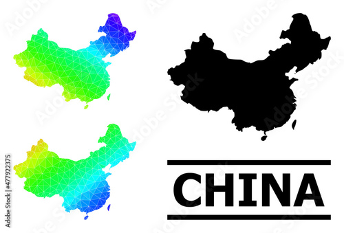 Vector lowpoly spectral colored map of China with diagonal gradient. Triangulated map of China polygonal illustration.