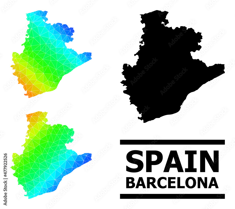 Vector lowpoly rainbow colored map of Barcelona Province with diagonal gradient. Triangulated map of Barcelona Province polygonal illustration.