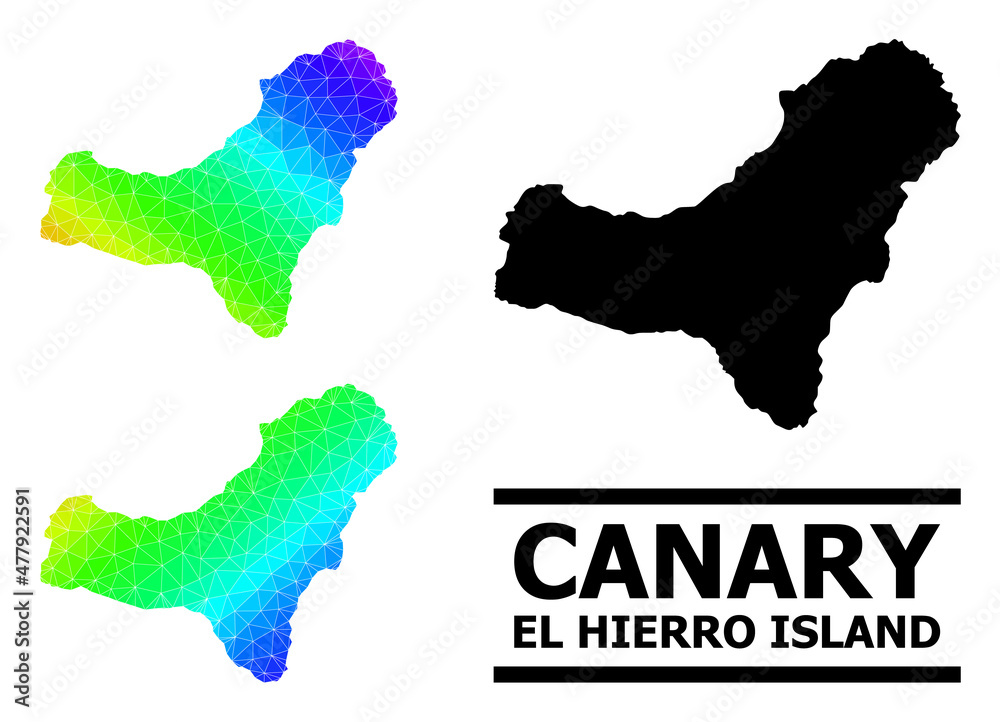 Vector lowpoly rainbow colored map of El Hierro Island with diagonal gradient. Triangulated map of El Hierro Island polygonal illustration.