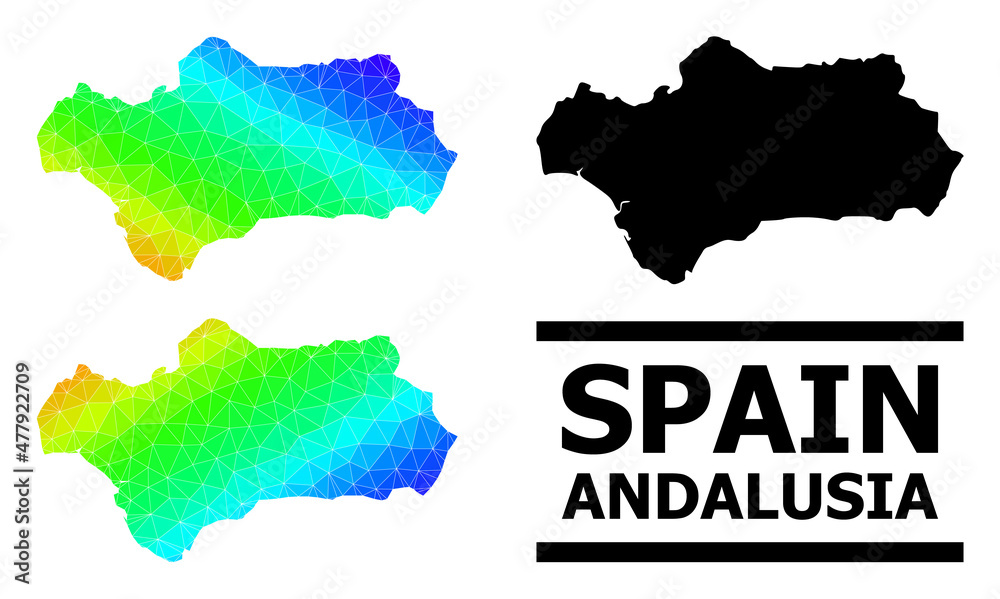 Vector lowpoly spectrum colored map of Andalusia Province with diagonal gradient. Triangulated map of Andalusia Province polygonal illustration.