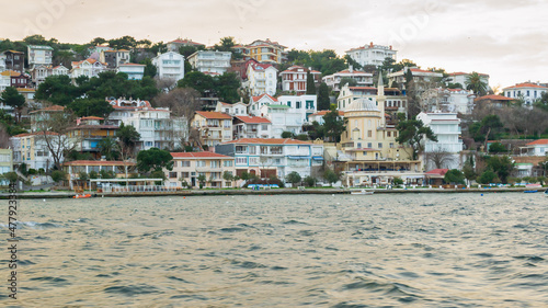 Fototapeta Naklejka Na Ścianę i Meble -  Burgazada island from the sea with summer houses and a small mosque. the island is the third largest one of four islands named Princes' Islands in the Sea of Marmara, near Istanbul, Turkey