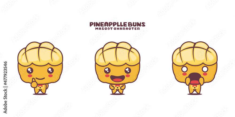 vector pineapple bun cartoon mascot, Hong Kong style bread illustration, with different expressions