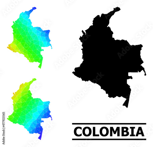 Vector low-poly spectrum colored map of Colombia with diagonal gradient. Triangulated map of Colombia polygonal illustration.