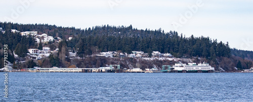 Panorama of Clinton Washington and Ferry Terminal after Winter Snowfall