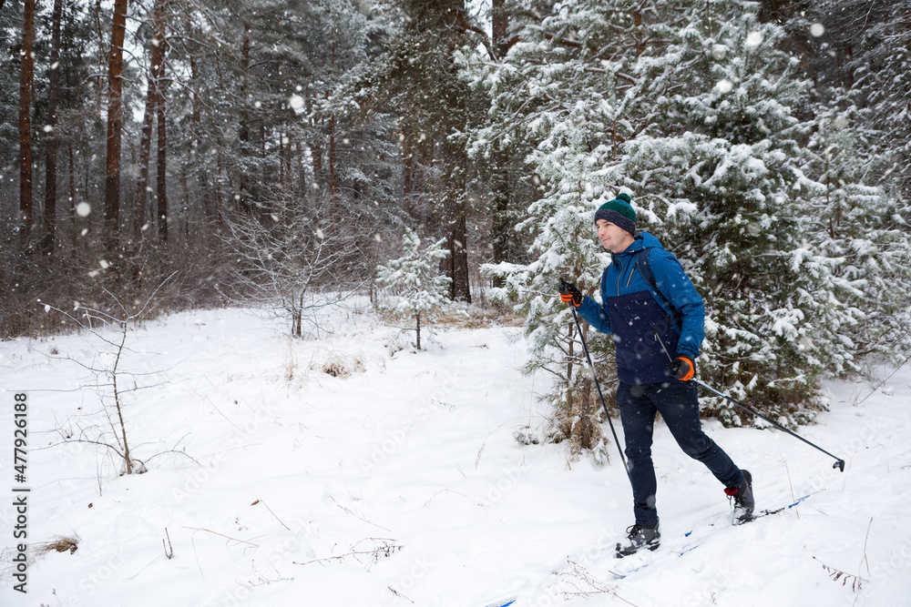 Skier with a backpack and hat with pompom with ski poles in his hands on background of a snowy forest. Cross-country skiing in winter forest, outdoor sports, healthy lifestyle, winter sports tourism. Skier with a backpack and hat with pompom with ski poles in his hands on background of a snowy forest. Cross-country skiing in winter forest, outdoor sports, healthy lifestyle, winter sports tourism.