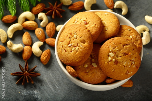 Bowl of delicious fresh baked dry fruits cookies biscuits, 