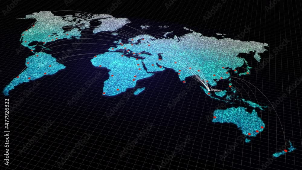 Global connectivity from Singapore to other major cities around the world. Technology and network connection, trading and traveling concept. World map element of this clip furnished by NASA Global connectivity from Singapore to other major cities around the world. Technology and network connection, trading and traveling concept. World map element of this clip furnished by NASA