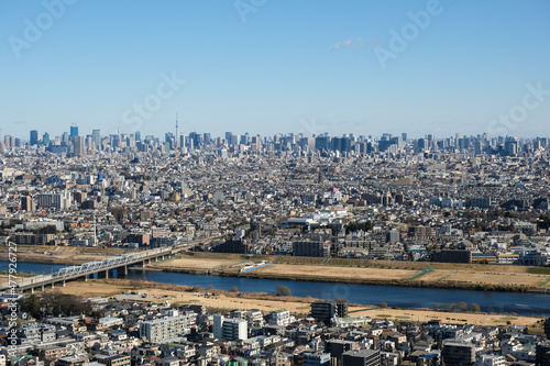 川崎市から見る東京のビル群と多摩川