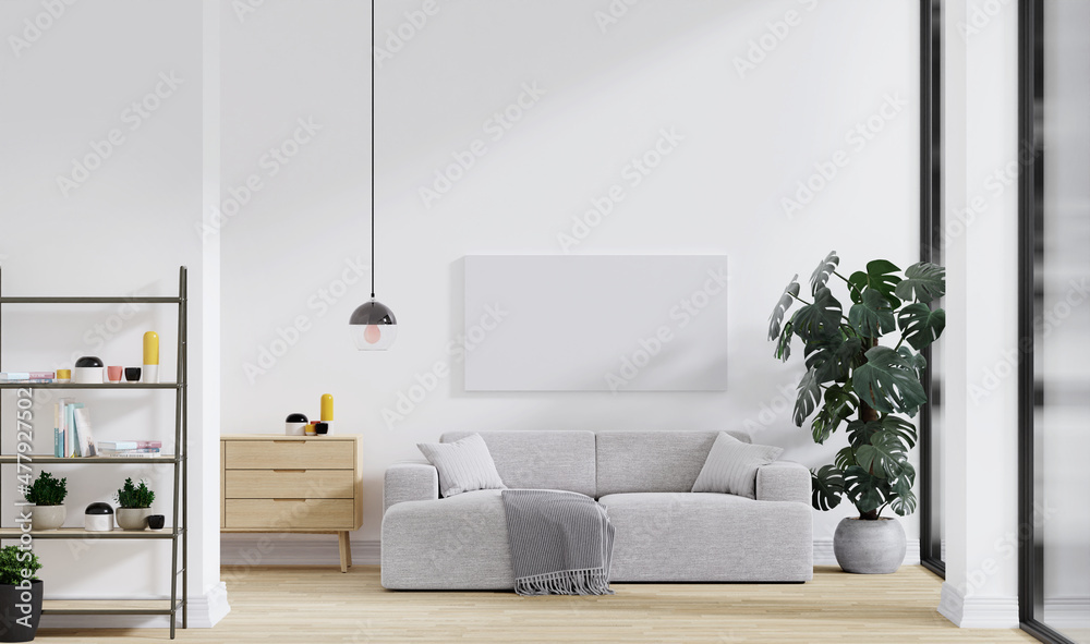clean minimalist living room for canvas mockup with grey sofa and wooden table. 3d rendering