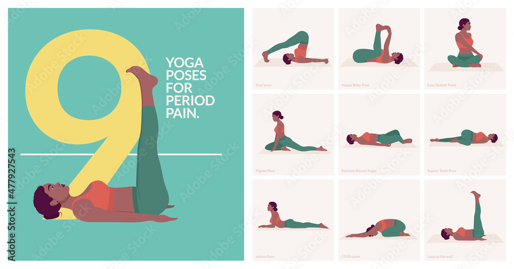Yoga poses For PERIOD PAIN . Young woman practicing Yoga poses. Woman workout fitness and exercises.