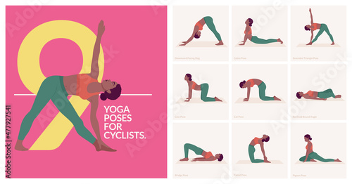 Yoga poses For CYCLISTS. Young woman practicing Yoga poses. Woman workout fitness and exercises.