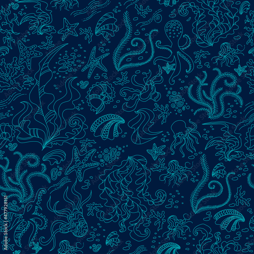 Seamless pattern with Underwater doodle illustration. Vector illustration with sea and ocean life