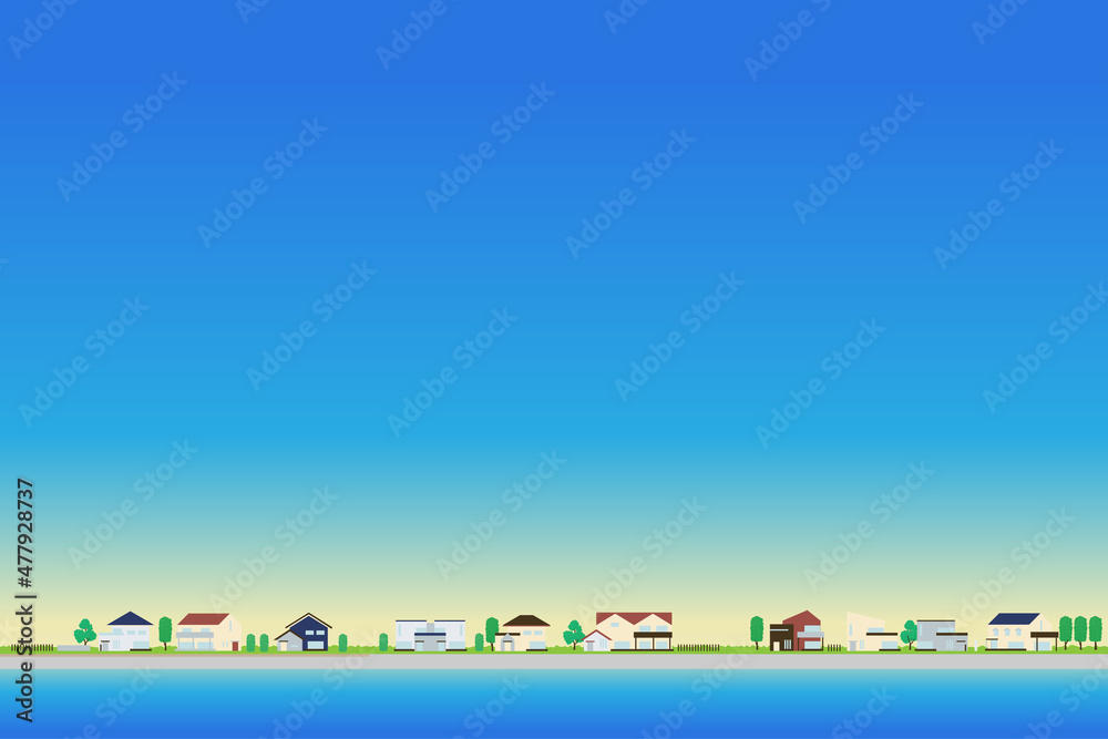 Obraz premium 住宅街 日暮れのおだやかな空と住宅のベクターイラスト ポスターサイズ 横位置