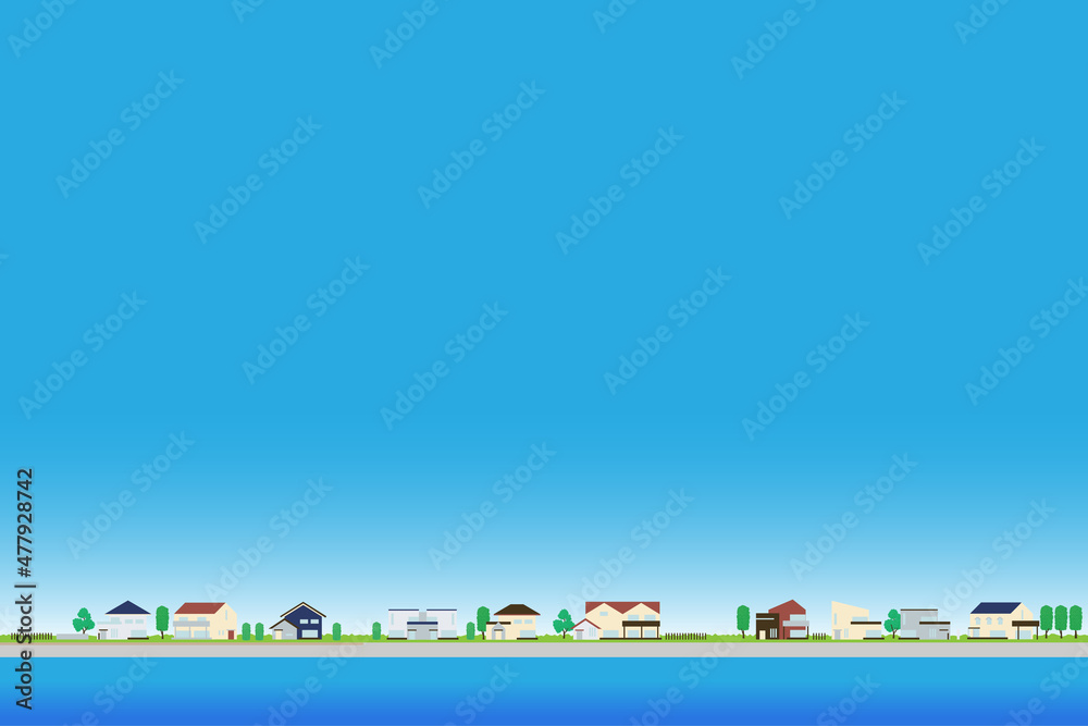 Obraz premium 住宅街 雲のない青空と住宅のベクターイラスト ポスターサイズ 横位置