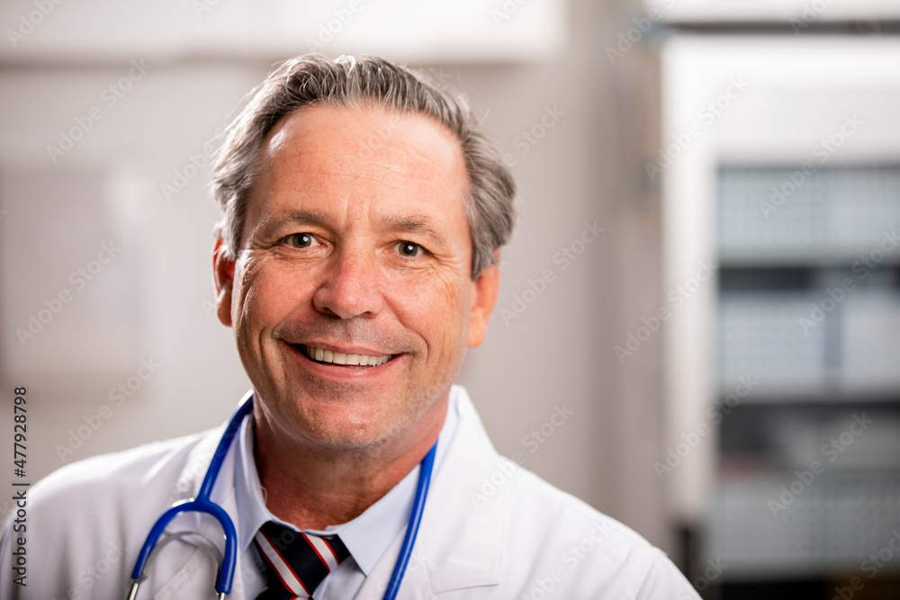 A Portrait of a White Male Medical Doctor with a Generic ID Badge wearing a Lab Coat and Stethoscope in a Hospital or Health Clinic. Mid Shot. - obrazy, fototapety, plakaty 